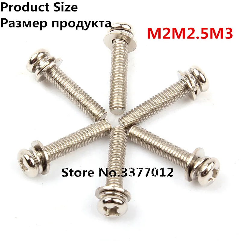 

10pcs/lot 304 stainless steel round head three combination screws M2 M2.5 M3 Pan with flat pad spring screws