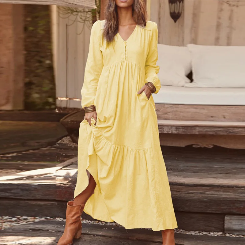Gold Yellow VIEUNSTA Для женщин Повседневное с длинным рукавом Плиссированные Вечерние элегантное платье с v-образным вырезом с большими карманами длинное пляжное платье Мода сезона осень-весна платье Vestido - Цвет: Gold Yellow