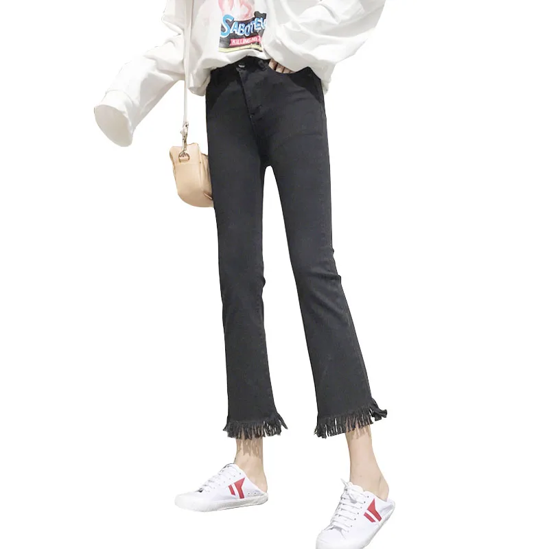 Womens Trousers Flare Tassel Embllished Harajuku Calca Black Denim Jeans Feminina Stretchy Ropa Verano Mujer Ulzzang Pants |
