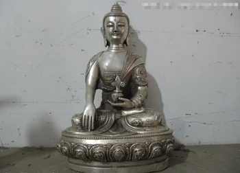 

USPS to USA S0339 Tibet Buddhism White Bronze Silver Dragon apothecary Sakyamuni Buddha Statue