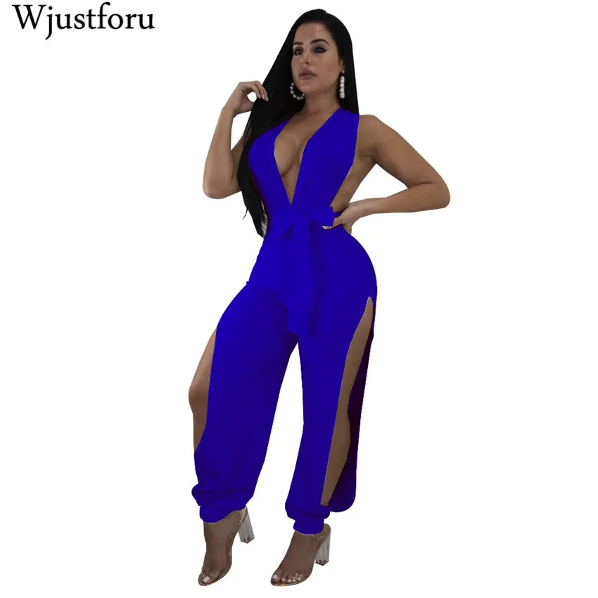 Wjustforu Summer Sexy Hollow Out Jumpsuit Women Bandage Bodycon Off Shoulder Overalls Deep V Neck Backless Split Female | Женская одежда