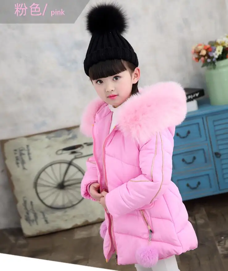 Rlyaeiz/зимние куртки для девочек; коллекция года; милое пуховое хлопковое плотное теплое Детское пальто; однотонная парка с большим меховым воротником для девочек