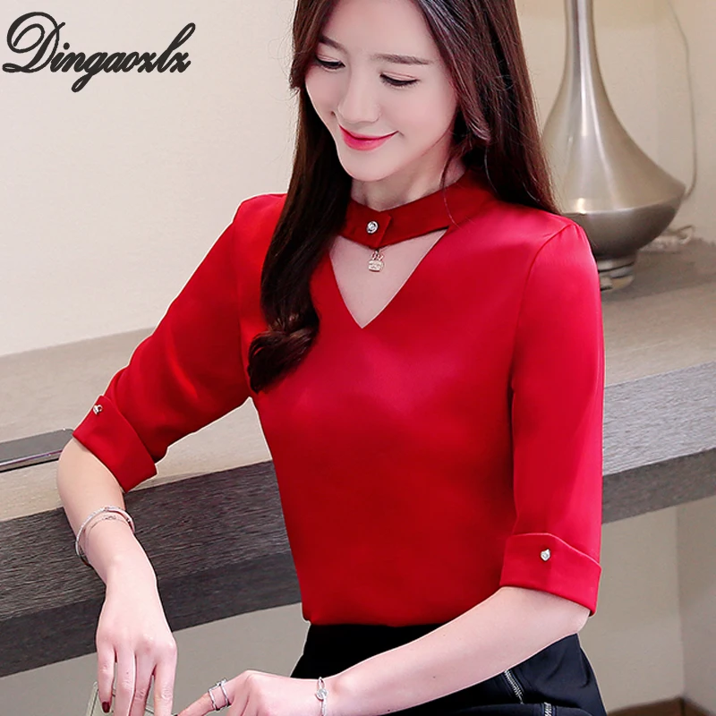  Dingaozlz V-neck Women Blouse New Fashion Half sleeve Professional OL shirt Solid color Summer Tops