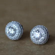 925 пробы серебряные Роскошные серьги-гвоздики серёжки для Для женщин белый круг с кубический подвеска с Цирконом Серьги-гвоздики в виде цветка Для женщин Jewe