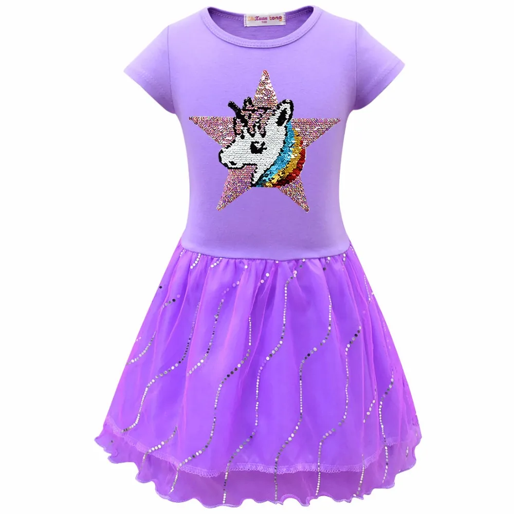 Платье с блестками, звездами и единорогом; детское кружевное платье-пачка для девочек; Двусторонняя одежда для маленьких принцесс