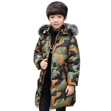 2017 Boys Autumn Winter Warm Long Coat Kids Fur Hooded Casual Jackets Kid Snow Wear Down Cotton-Padded Camouflage Winter Clothes