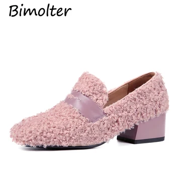 

Bimolter New Women Pumps Fur Warm Autumn Natural Lamb hair Party Shoes Woman Thick Heels Round Toe Comfort Casual Shoes NC014