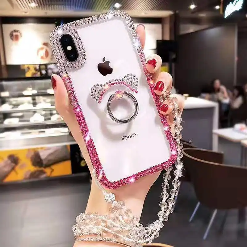 

Bling Rhinestone Makeup Case For iPhone 11 Pro MAX XS MAX XR X 8 7 Plus 6 6S Plus Case Glitter Diamond Finger Ring With Strap