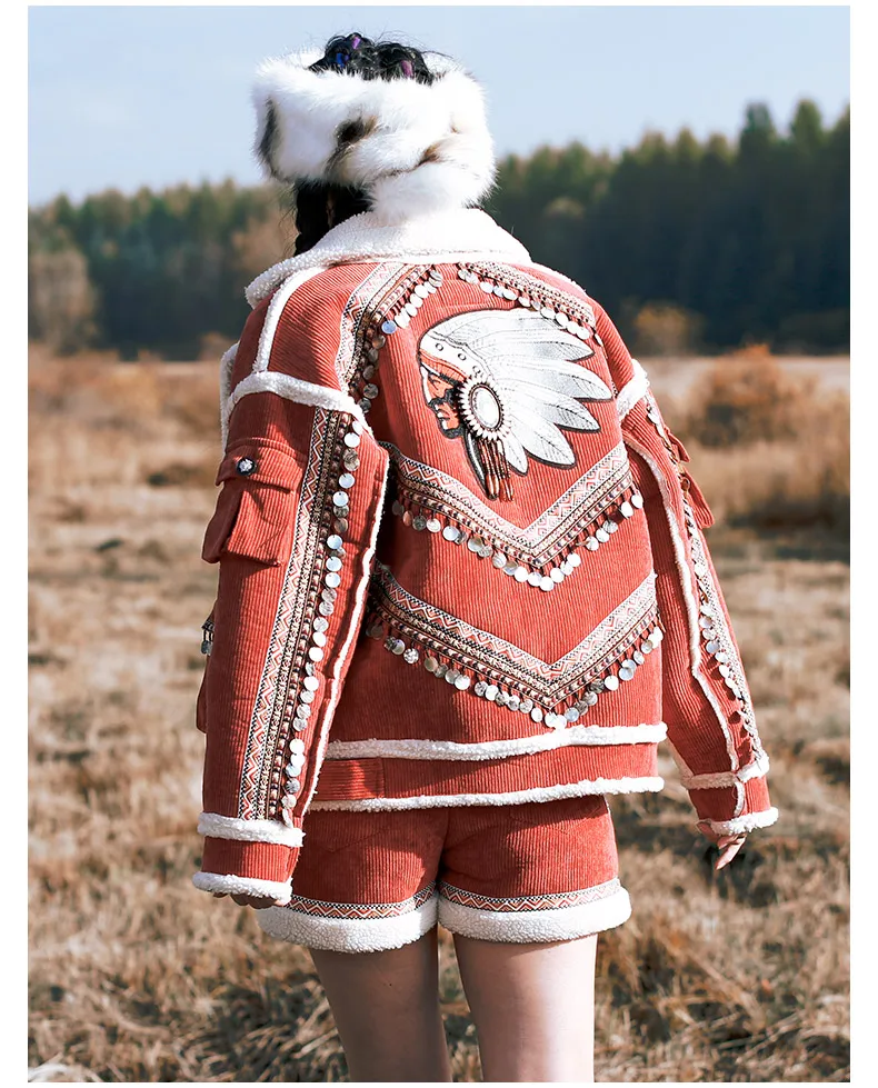Зимняя женская винтажная индийская тотемная вышивка в виде ракушки с кисточками свободная плотная теплая Вельветовая короткая куртка из овечьей шерсти