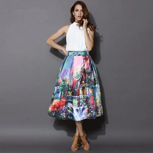 Neophil Ретро мода здание цветочный вид печати Плиссированное высокая Талия бальное платье средней длины Скейтер короткие женские юбки Saia S1607026