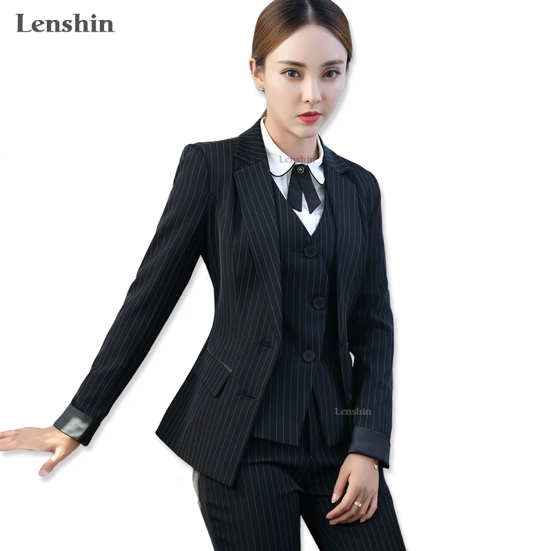 

Lenshin 3 Pieces Set Black Striped Vest Pant Suits Office Lady Formal Business Uniform Designs Style Female Women Work Wear