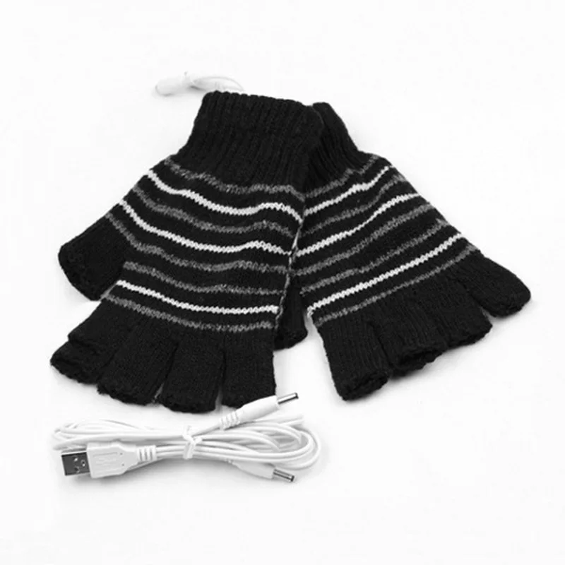 

5V USB Powered Heating Heated Winter Hand Warmer Gloves Women Washable Warm Hand Fingerless Woolen Striped Men Women