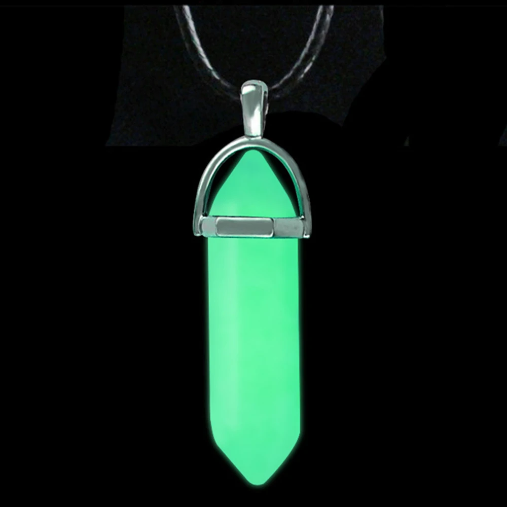 Темное светящееся каменное ФЛУОРЕСЦЕНТНОЕ шестиугольное ожерелье с подвеской из натурального кристалла, светящееся в темноте из пули, кожаное ожерелье - Окраска металла: Green