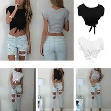 Crop Tops Sexy Casual t-shirt Women Front Tied Knot tee shirt femeal T shirt Crop Tops Sexy Casual t-shirt Women Front Tied Knot tee shirt femeal T shirt