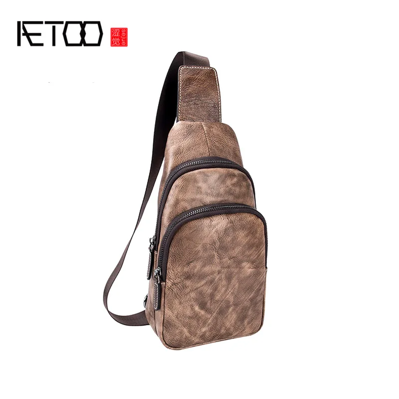 

AETOO Men's chest bag, retro casual leather men's bag, multi-functional fashion shoulder bag, head leather bag