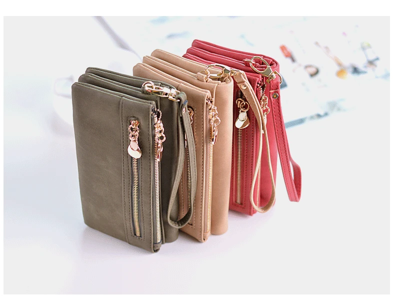 High Capacity Fashion Women Wallets Long Dull Polish PU Leather Wallet Female Double Zipper Clutch Coin Purse Ladies Wristlet