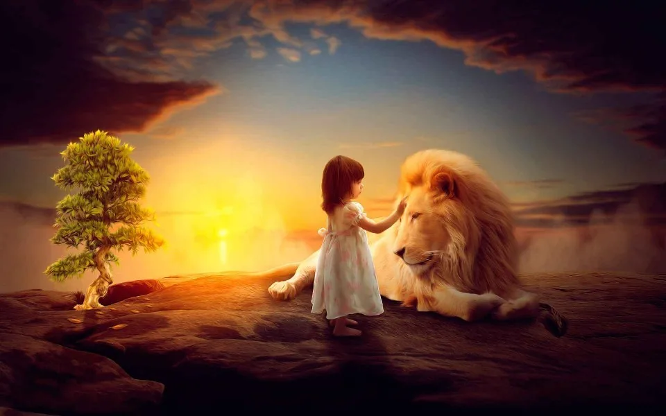 Living room home wall decoration fabric poster girl lion peaceful art