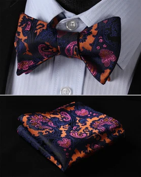 

BF3022V Navy Blue Orange Paisley 100%Silk Jacquard Woven Men Butterfly Bow Tie BowTie Pocket Square Handkerchief Hanky Suit Set