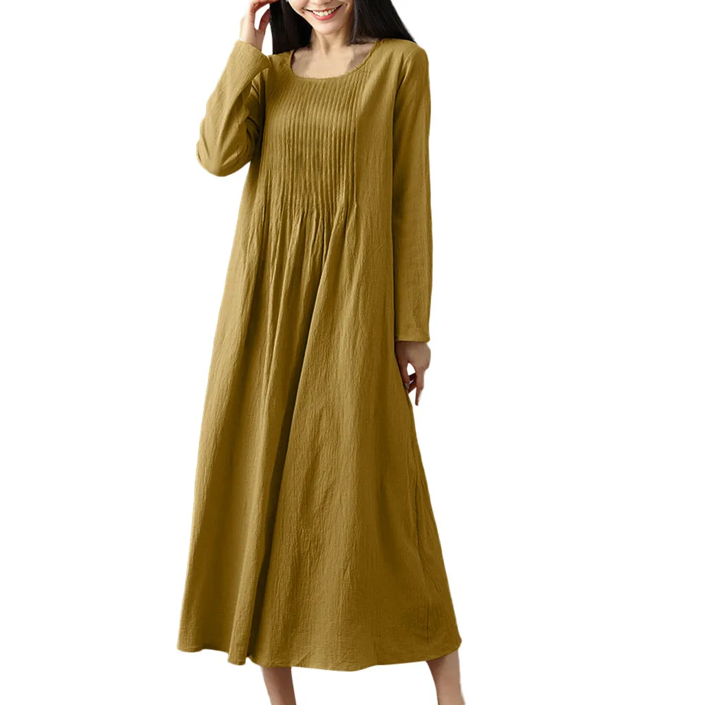 

Casual dress Women Linen Pleated Solid Color party dress Fashion 2019 Sexy robe femme Loose Long Sleeve O-neck Vintage Dresses
