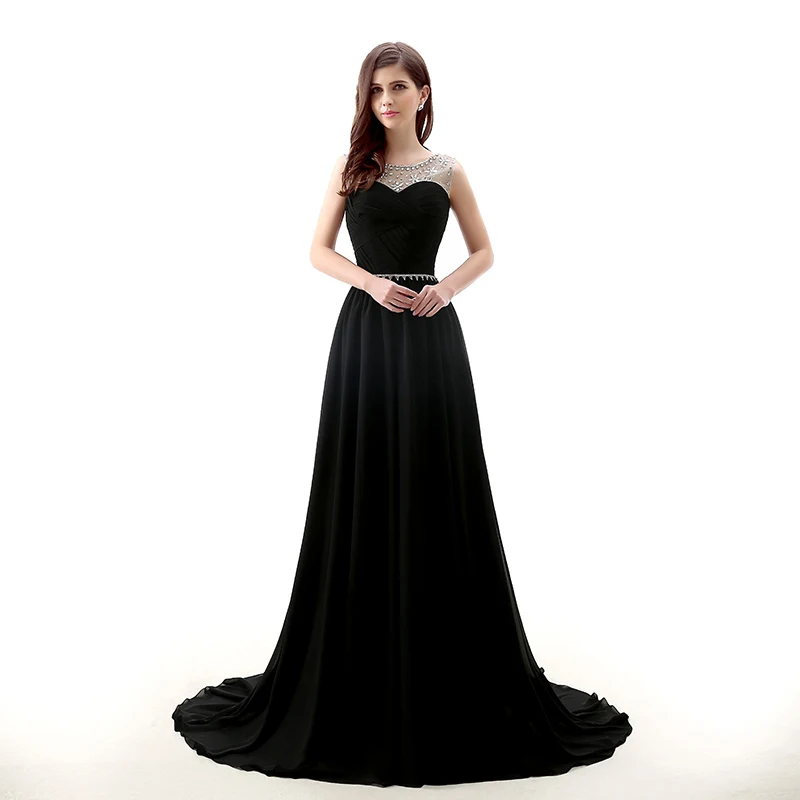 New Design Elegant Black Long Evening Dresses A Line Cap Sleeves