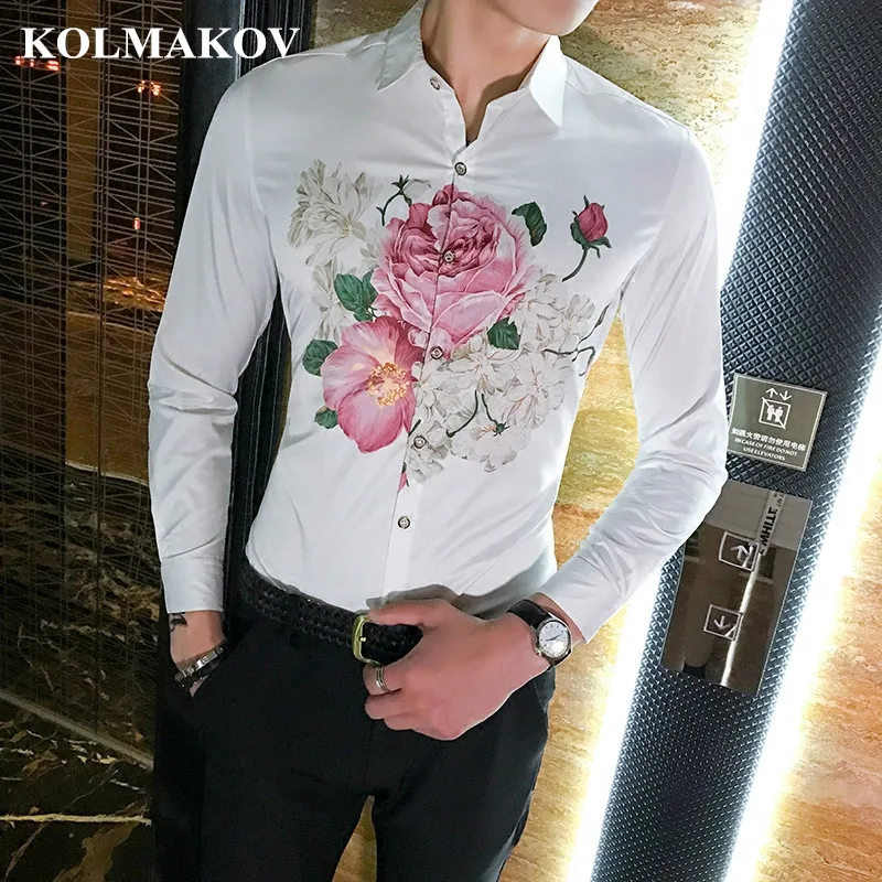 

Men Shirts Big Size 5XL 2019 New Mens Dress Shirts Long Sleeve Slim Fit Casual Floral Print Social Male Clothes Chemise Homme