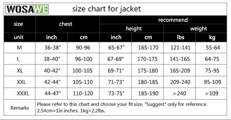 size chart for jacket