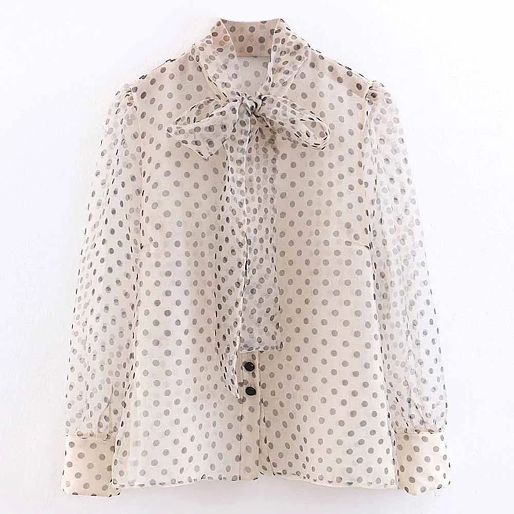 

FIRSTTO Sweet Transparent Polka Dot Organza Blouse Long Sleeve Tied Bow Collar See Through Shirt Stylish Women Casual Top Blusas