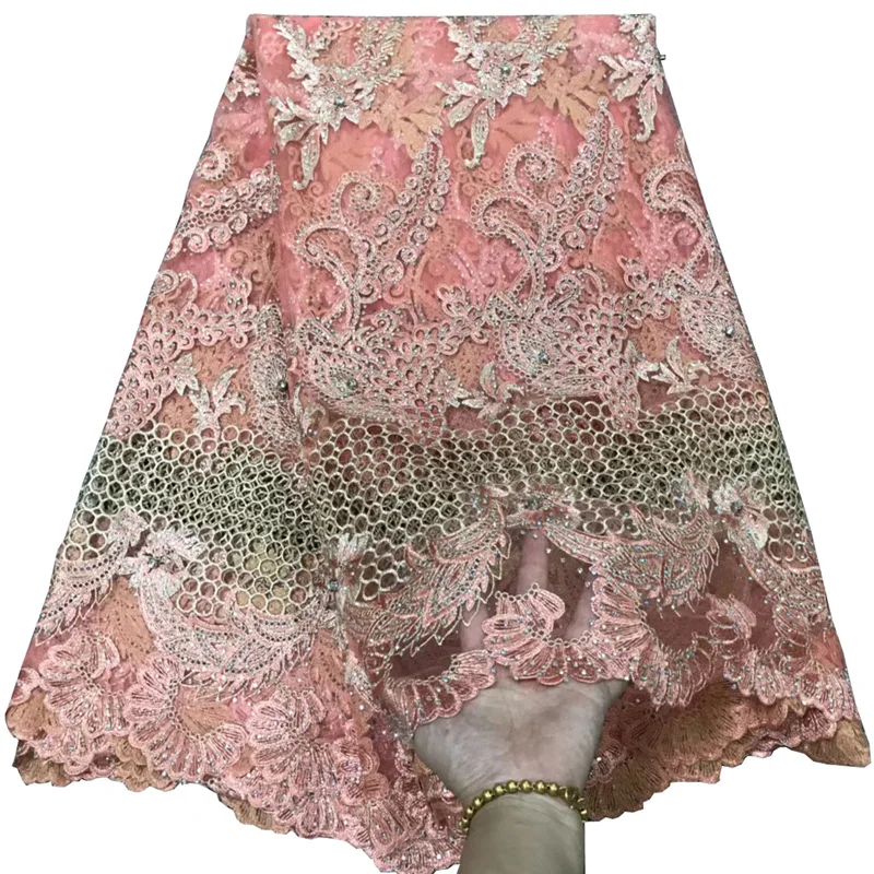 

Free shipping ( 5yards/pc) heavy stones fixed African French lace fabric in peach with wonderful embroidery for party dres FLV17