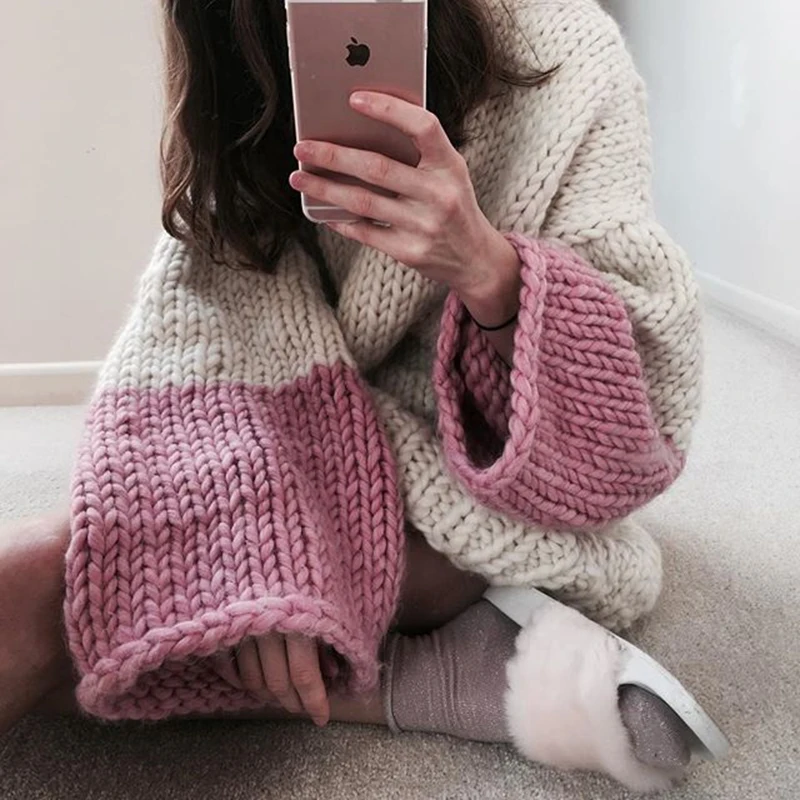 

[EWQ] New Spring Winter 2019 Fashion Contrast Color Long Sleeve Round Collar Pullovers Patchwork Long Loose Sweater Women AA522