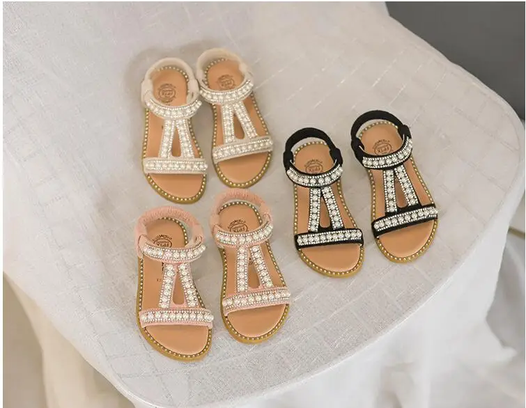 Горячая детские сандалии для девочек с жемчугом и кристаллами римские Босоножки Туфли для принцессы Летняя удобная обувь для школы Размеры 21-30