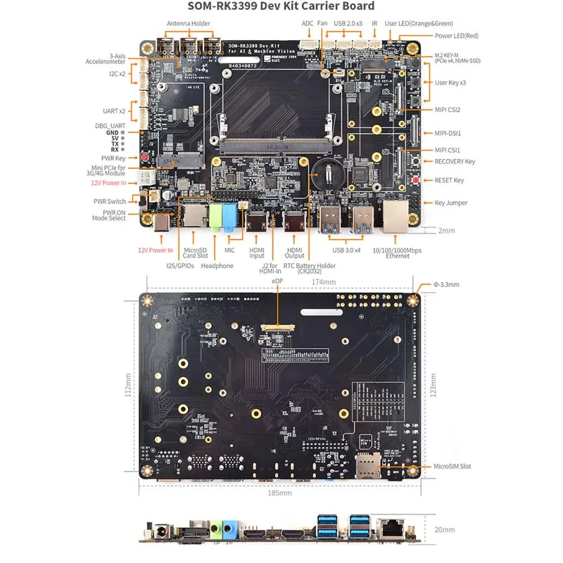 SOM-RK3399 AI Developer kit WiFi BT Поддержка Гбит/с Ethernet и двухэкранный дисплей Android/Ubuntu/QT/buildroot HDMI IN/OUT