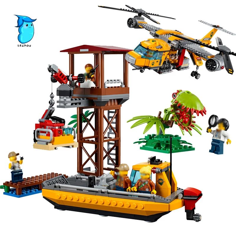 

StZhou Lepin 02085 Genuine 1400Pcs City Series The Jungle Air Drop Helicopter Set Building Blocks Bricks boys girls gifts