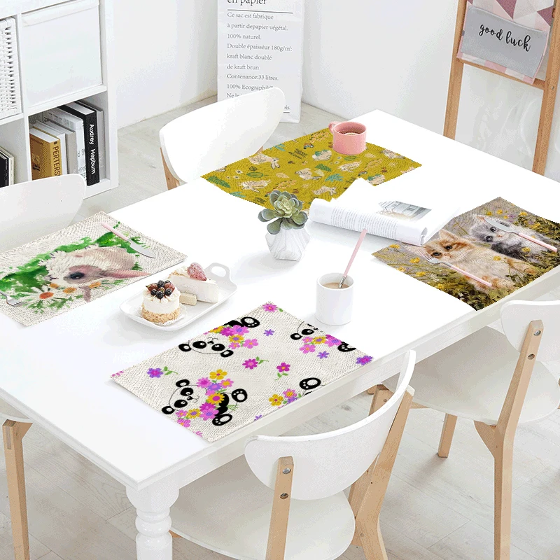 

Spring Plant Animal Print Table Napkins Panda Flower Rabbit Pattern Linen Tablecloth Farm Family Tableware Decoration Placemat