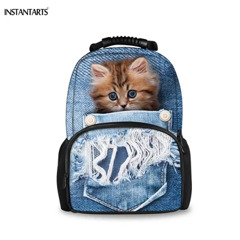 

INSTANTARTS Leisure Lap Top Backpacks Girls Kawaii Fake Blue Denim Pockets Cat/Kitten Printed Campus Rucksacks Large School Bags