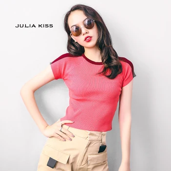 

Women Contrast Neck Line & Shoulder Rib Knit Tee Short Sleeve Knitting Top