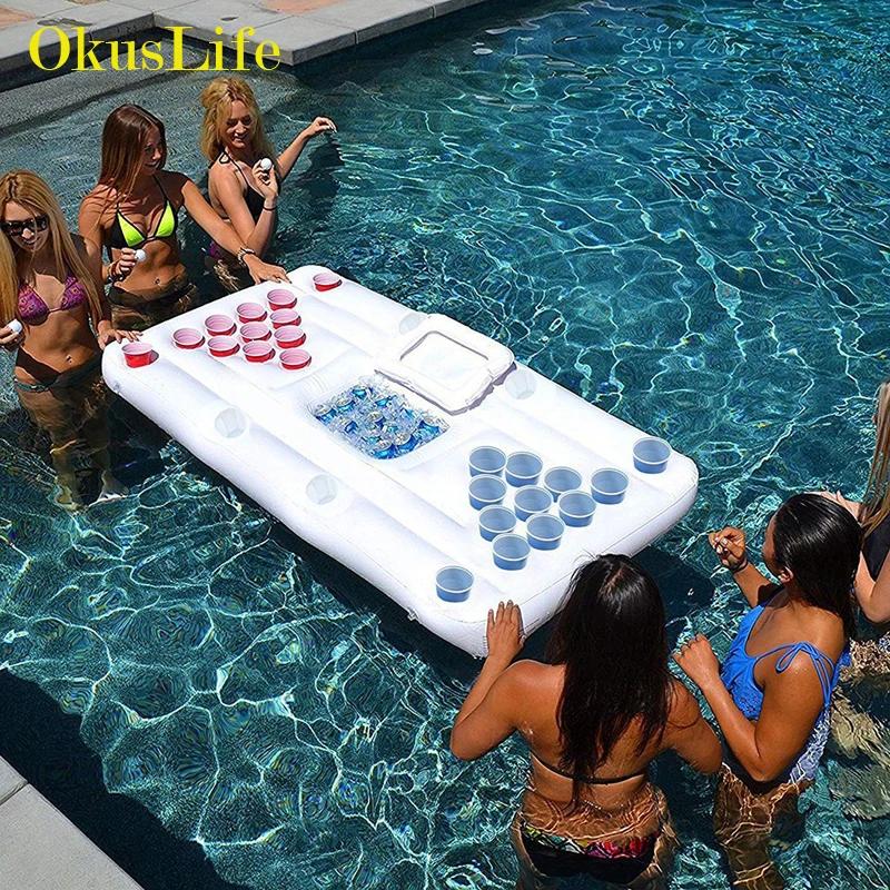 

Summer Inflatable Beer Table Outdoor Games In Pool Floating Mat Drink Cup Holder Pingpiong Ball Water Toys Game Cushion