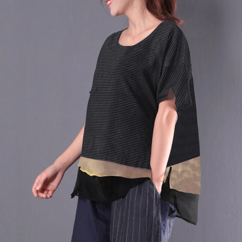 

2019 ZANZEA Summer Stripe Blouse Women O Neck Short Sleeve Loose Work Retro Patchwork Ruffles Cotton Linen Top Shirt Plus Size