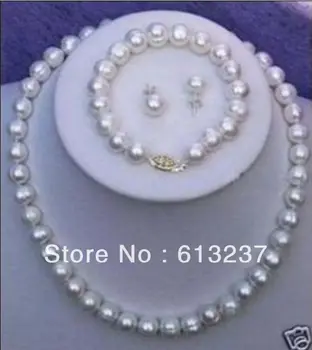

hot free Shipping new 2014 Fashion Style diy 9-10mm White Cultured Pearl Necklace Bracelet Earring Set MY4551