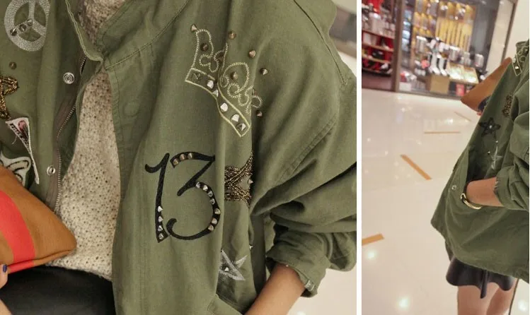 Women Cotton Jacket Coat Fashion Women Bomber jacket Embroidery Applique Rivets Oversize Women Coat Army Green Cotton Coat