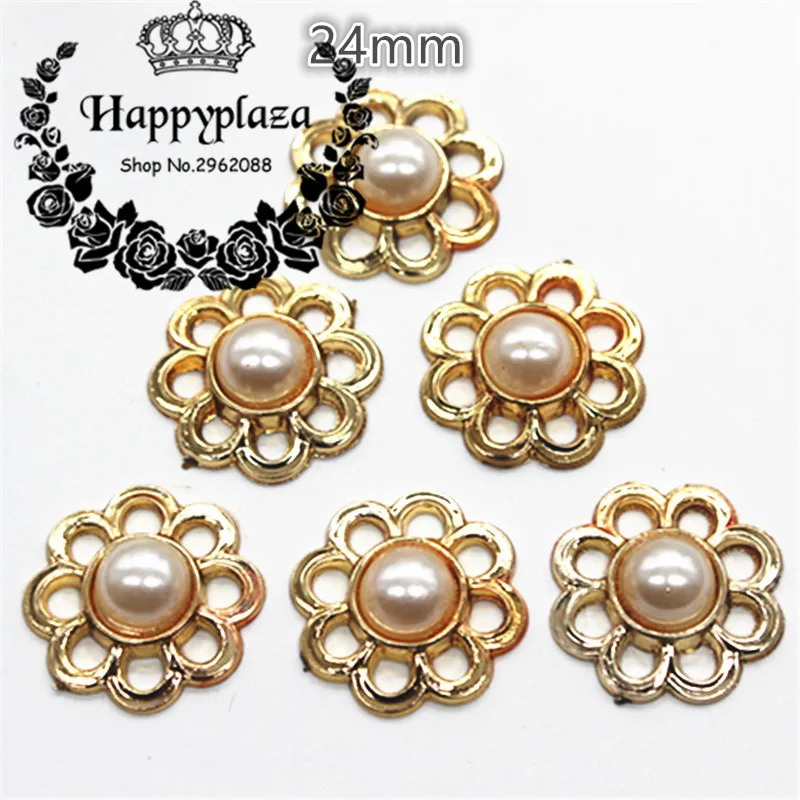 

30PCS 24mm Golden Circle Flower Ivory Pearl Plastic Flatback Button Decoration Sewing Craft Scrapbook Accessories