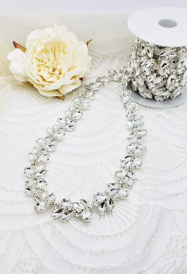 

10Yards Silver Rhinestone Trim Chain Applique Gold Rose Gold Crystal Rhinestones Trimming For Clothing Decoration