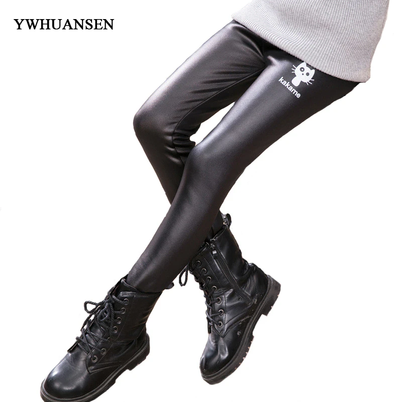 

YWHUANSEN 2018 Winter Leggings For Girls Plus Cashmere Children's Leggings Warm Faux Leather PU Skinny Pants Velvet Pantyhose
