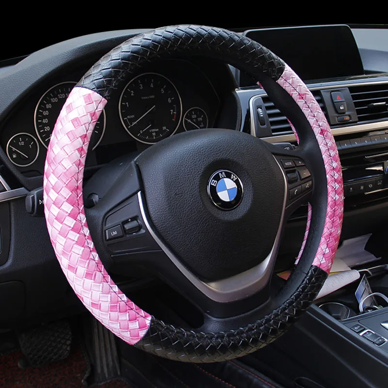 

KKYSYELVA Car Interior Accessories Black Auto Sports Steering Wheel Cover Leather 38cm Vehicle Truch Steering Covers
