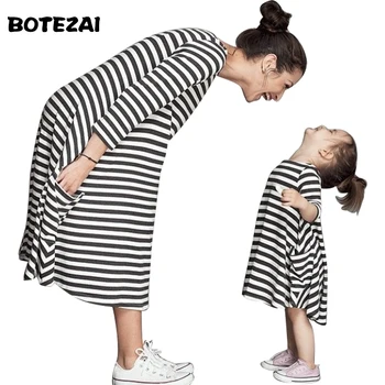 

2017 New Spring&Autumn Style Family Matching Outfits Mother And Daughter Fall Full Black Striped Dress