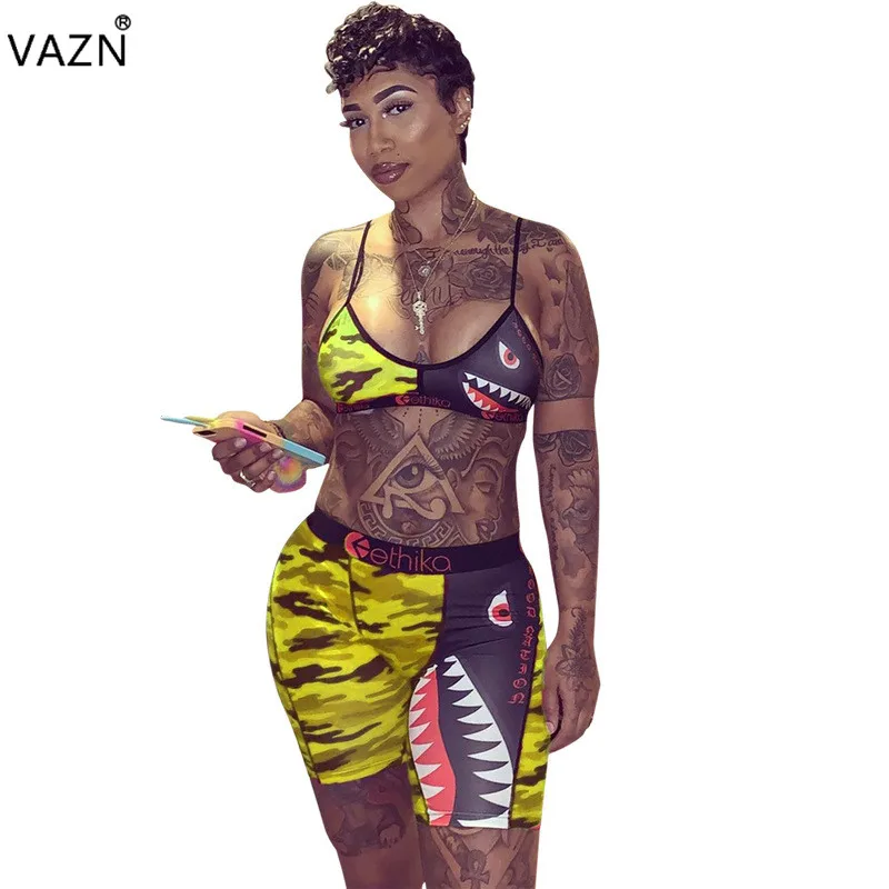 VAZN камуфляж красочные печатные сексуальный комплект из двух частей Спагетти ремень без рукавов укороченный топ и Оболочка Короткие брюки спортивный костюм LS6222 - Цвет: Цвет: желтый
