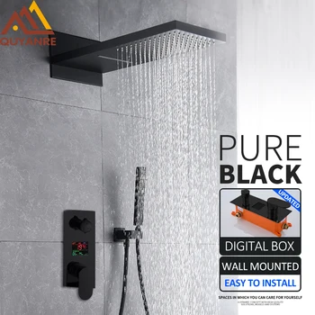

Quyanre Black Digital Shower Faucets Set Waterfall Rainfall Shower Head 3-way Digital Temp Display Mixer Tap Conceal Bath Shower