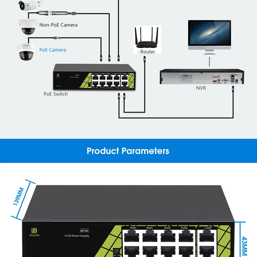 48 V стандарт переключатель POE 100 м коммутатор для высокоскоростной сети Ethernet 8 Порты и разъёмы питания переключатель 10/100 M 8 + 2 Порты и разъёмы