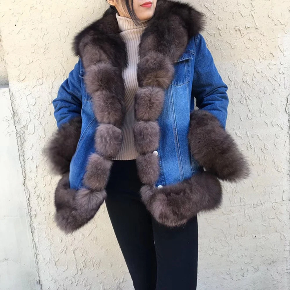 

2018 Top Fashion Regular Full Pelt Rabbit Fur Fox Fur New Denim Parka Real Fur Coat Winter Jacket Women Natural Fox Thick Warm