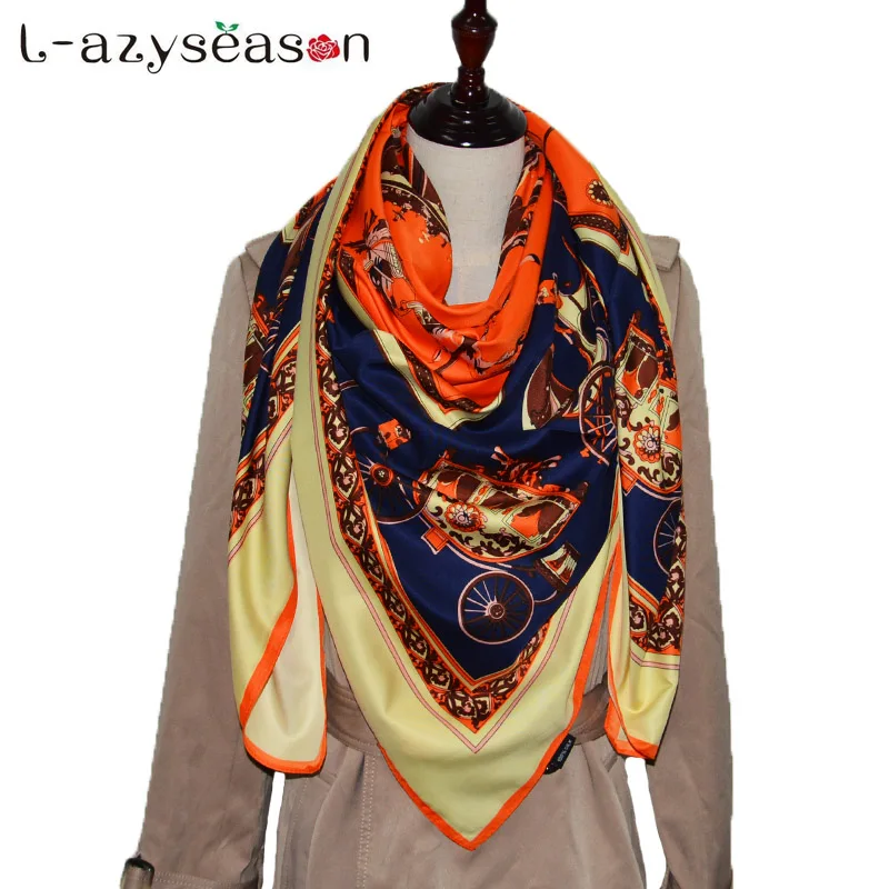 

2018 Fashion Square Luxury Brand Scarf 130X130cm Women Silk Square Scarves Print Hijab Wraps Female Bandana Neckerchief