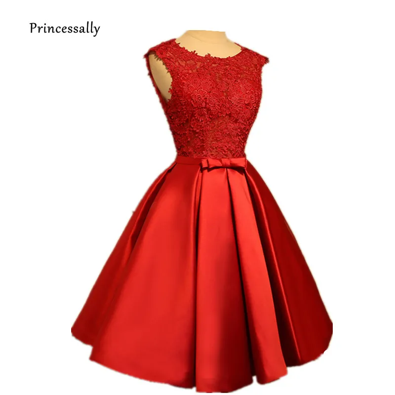 

New Lace Satin Evening Dress Short Wine Red Gown Pink Gold Grey Sleeveless Prom Party Evening Satin Dress Elegant Robe De Soiree